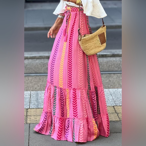 Dresses & Skirts - Pink Boho Printed Tasseled Drawstring Ruffled Maxi Skirt